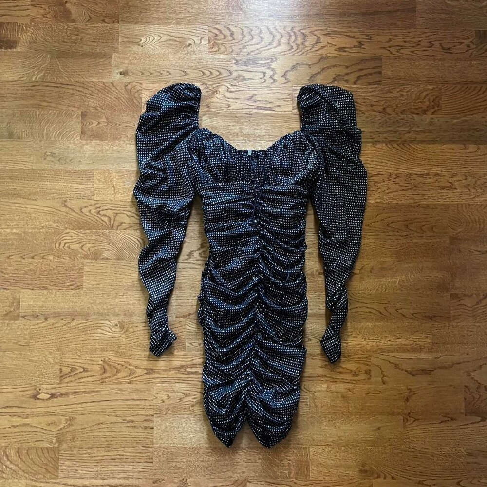 for love & lemons black sparkle dress long sleeve mini ruched sheer puff sleeve